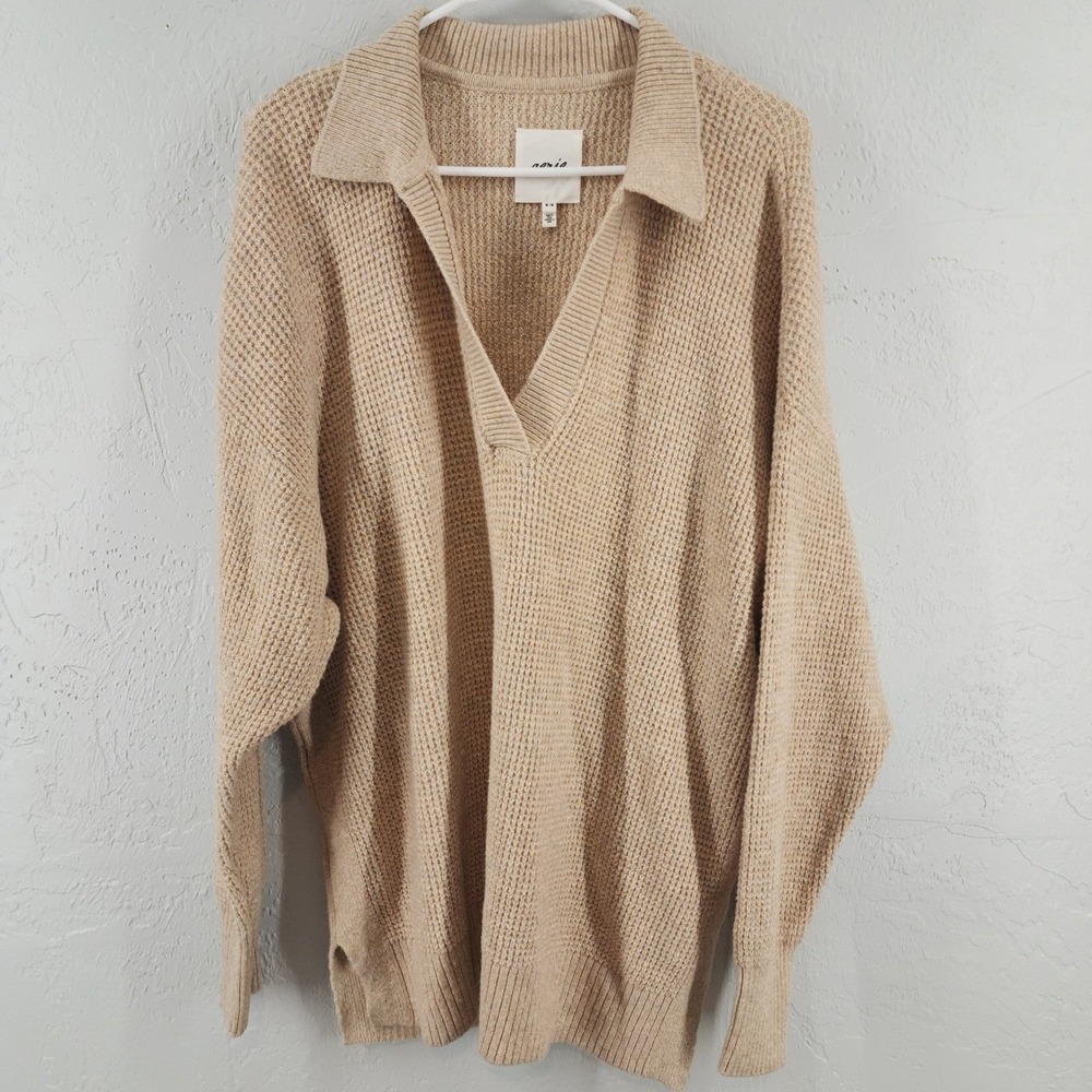 Aerie Medium | Beige Waffle Knit Collared V-Neck Oversized Sweater Boho Casual‎